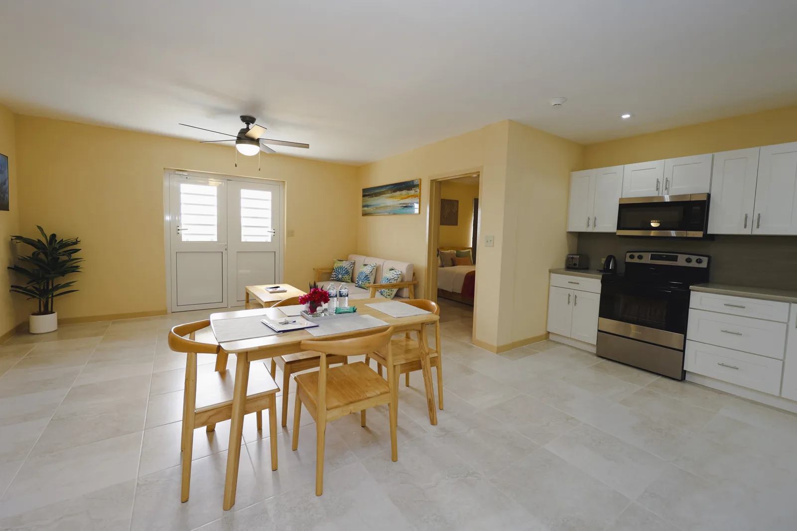 Open dining and kitchen space at Santa Cruz Suites